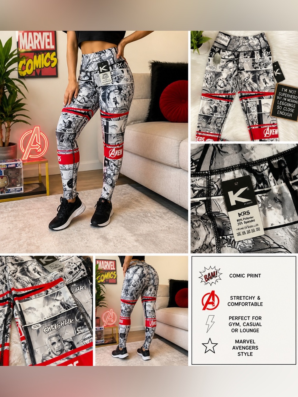 Marvel Avengers Comic Print Leggings One Size KRS Stretch Black White Red